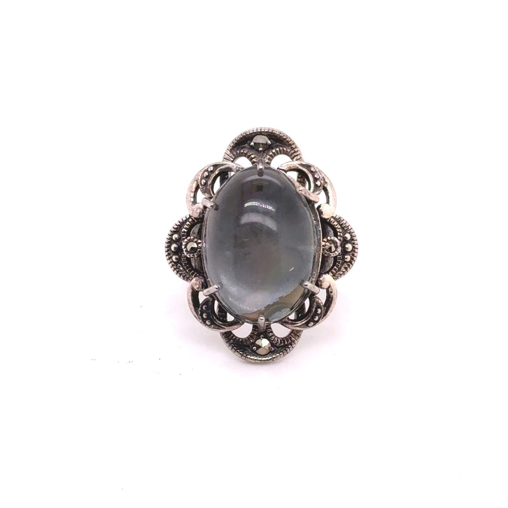 Vintage Sterling Silver 925 Oval Smoky Gray Stone Marcasite Filigree Ring Size 6